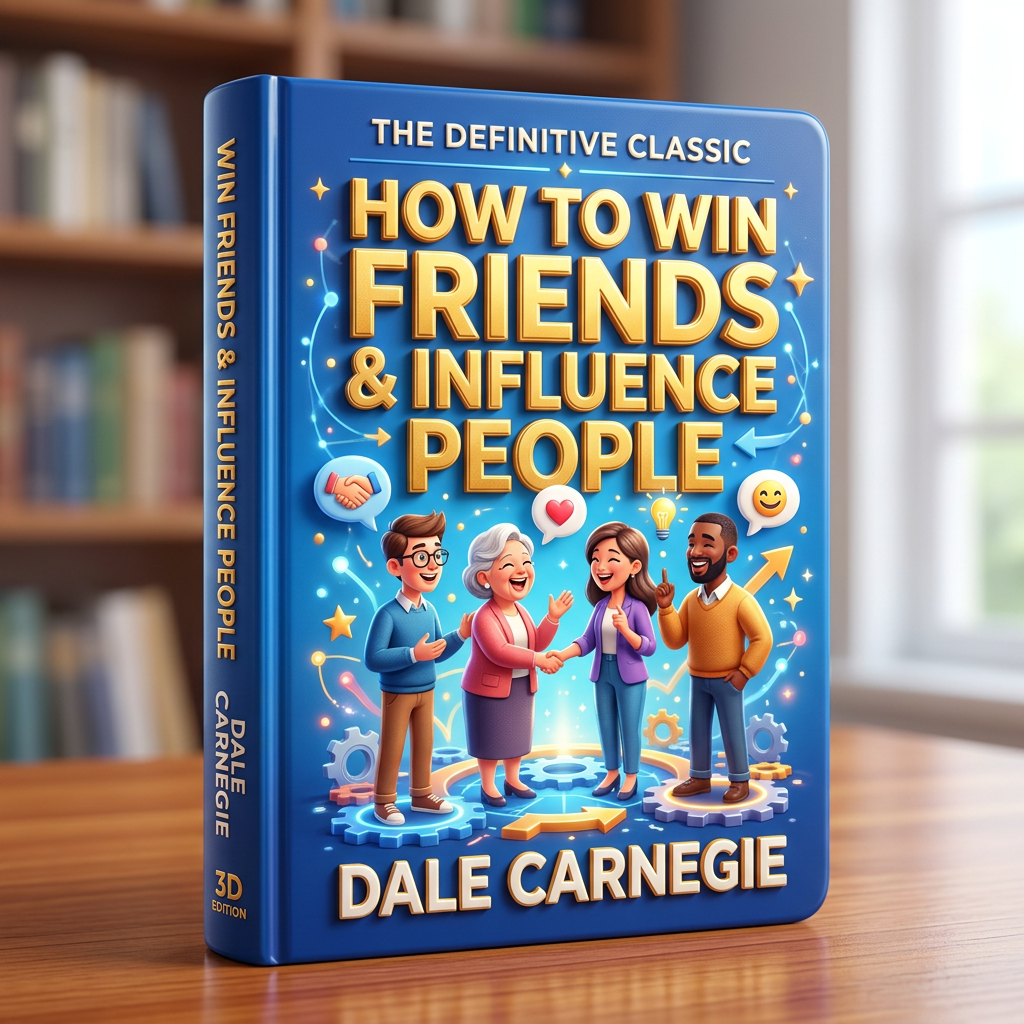 Book cover of 'How to Win Friends & Influence People' by Dale Carnegie with illustrated diverse people and icons