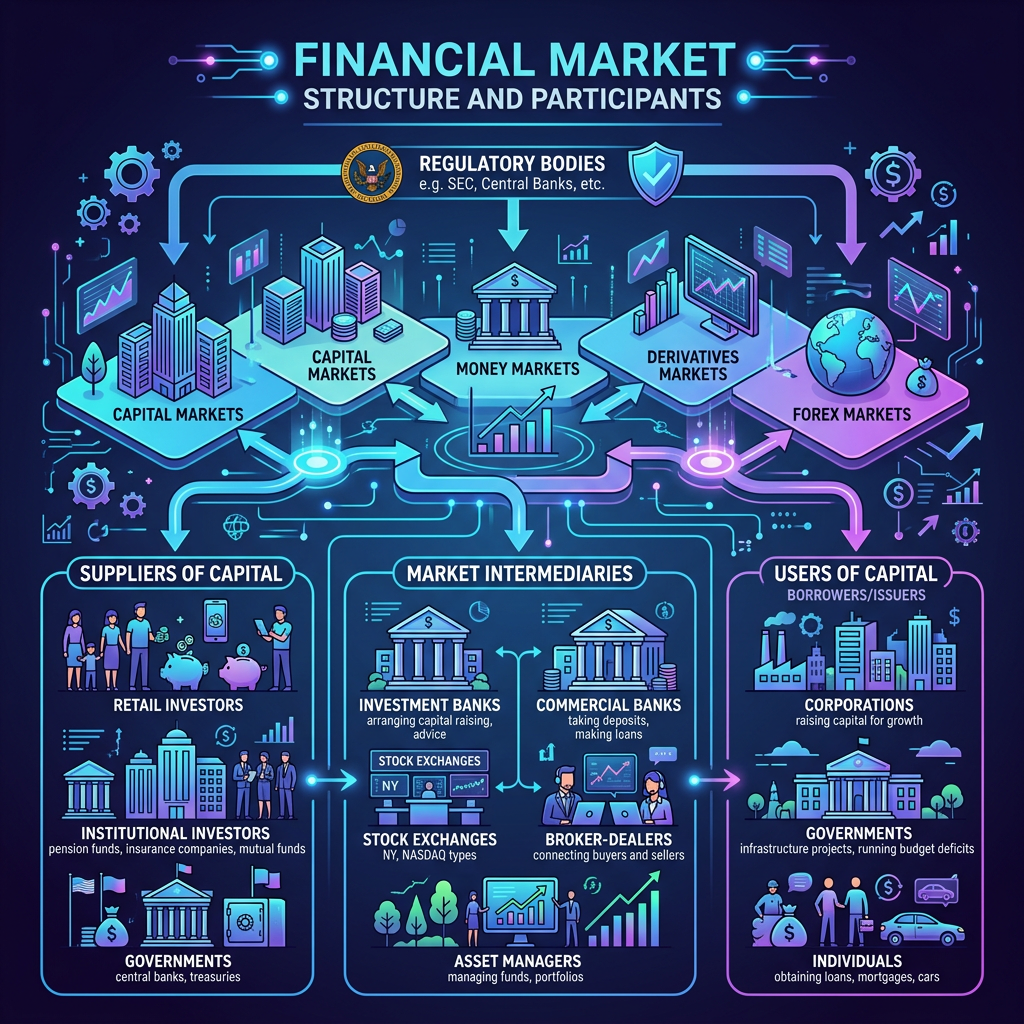 Financial market structure showing regulatory bodies, capital, money, derivatives, forex markets with suppliers, intermediaries, and users of capital