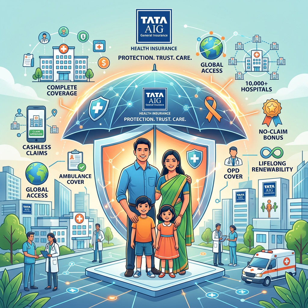 Illustration of a family under a health insurance umbrella highlighting coverage, cashless claims, ambulance cover, global access, no-claim bonus, OPD cover, and lifelong renewability