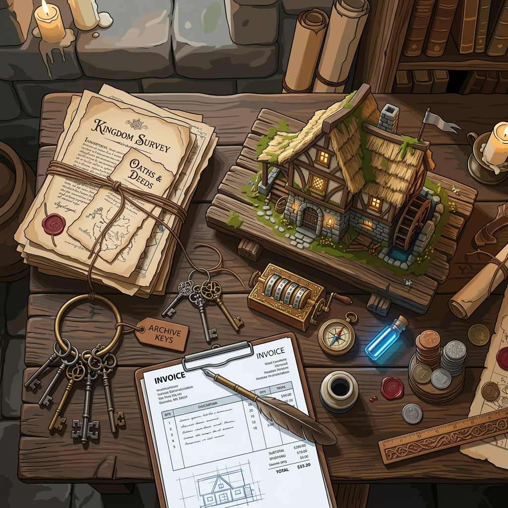 Medieval desk with kingdom survey papers, archive keys, a miniature cottage model, quill in open book, compass, coins, and candles